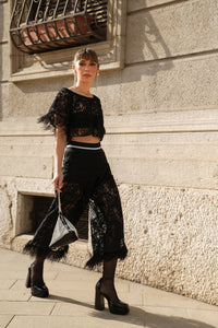 Sabrina French Lace and Feather Cropped Pants - Black