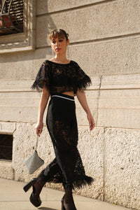 Black Cropped Sabrina Top with French Lace and Feathers